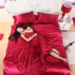 Wine Red Silk Duvet Covers Satin Sheets Bed Linen Solid Silk Pillowcase Flat Sheet Sets