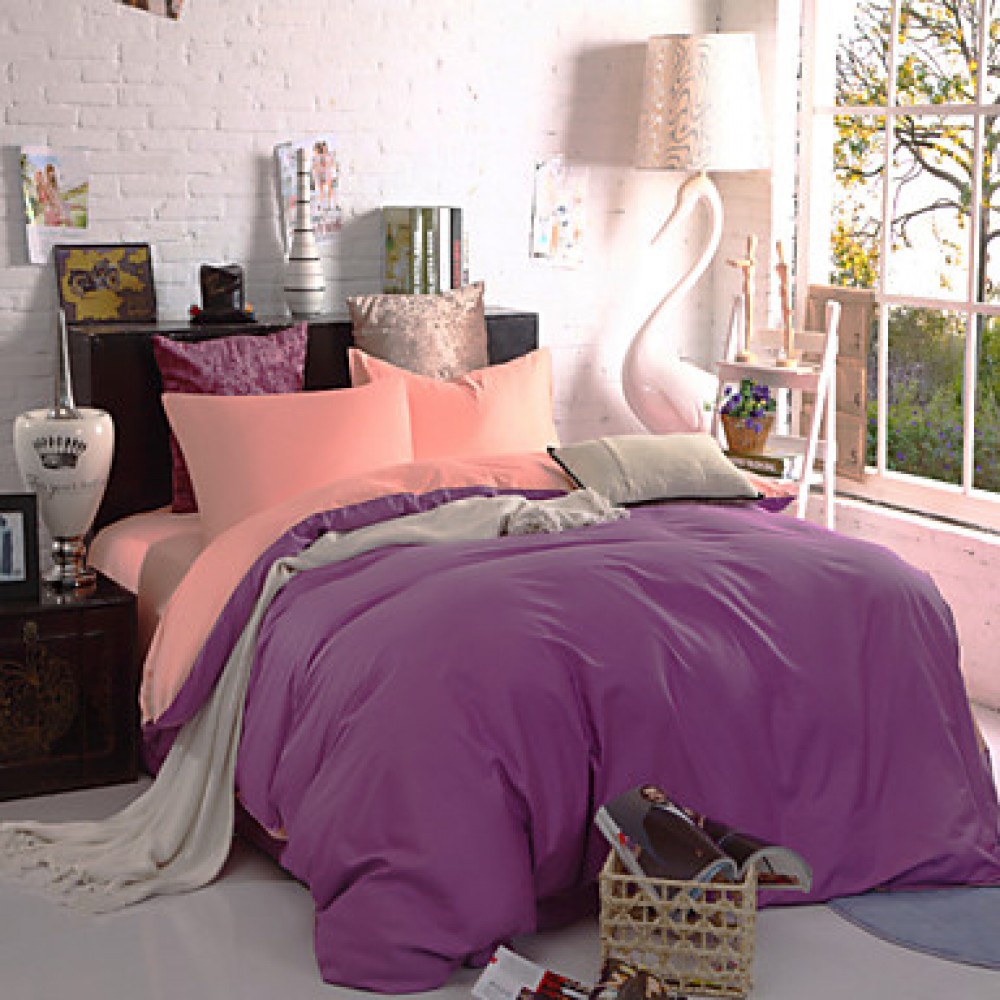 Two-Tone Bedsheet Pillowcases Duvet Cover(Purple+Pink)